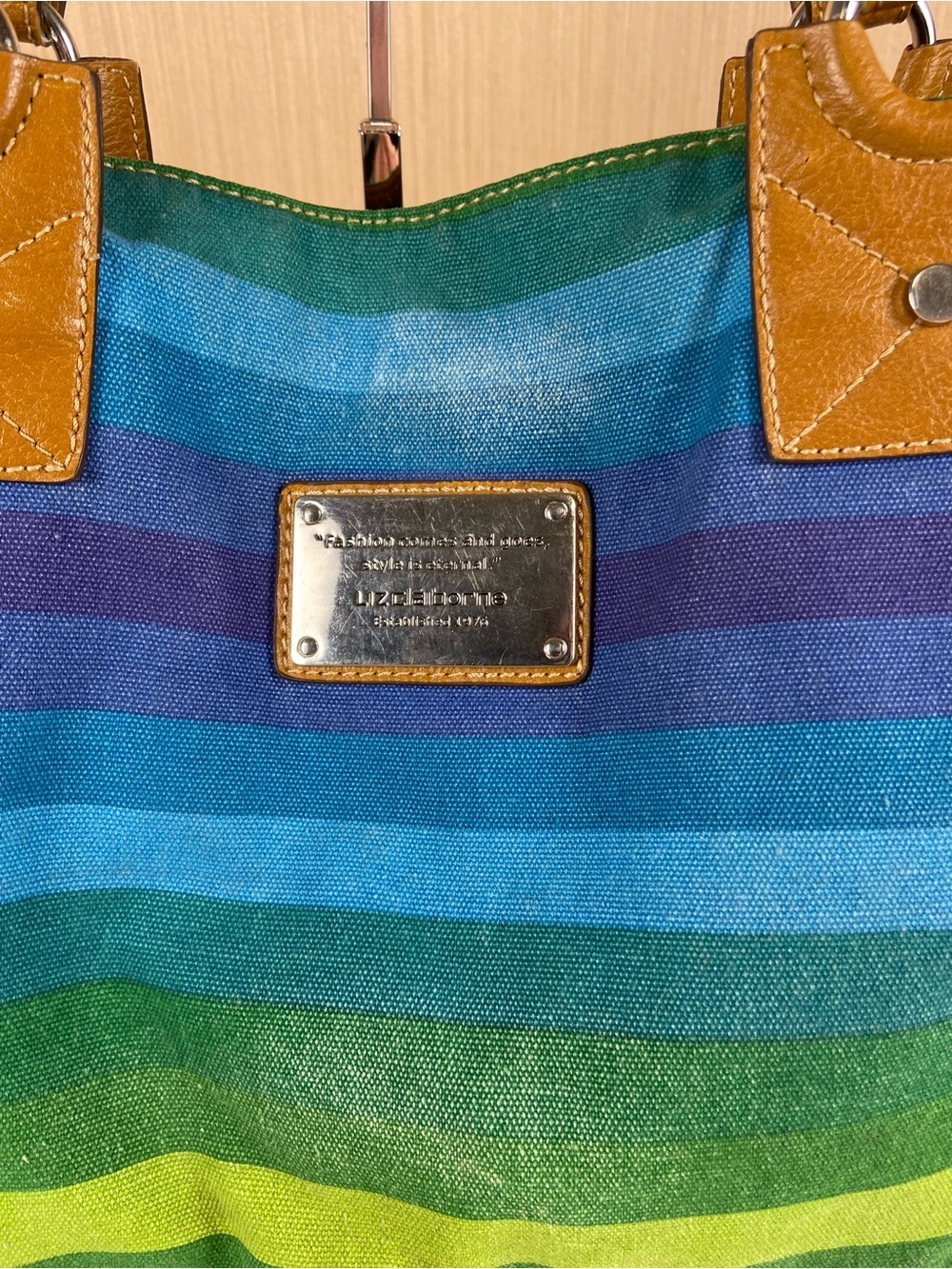 Liz Claiborne Blue Green Striped Canvas Tote Shoulder Bag - Picture 2 of 12